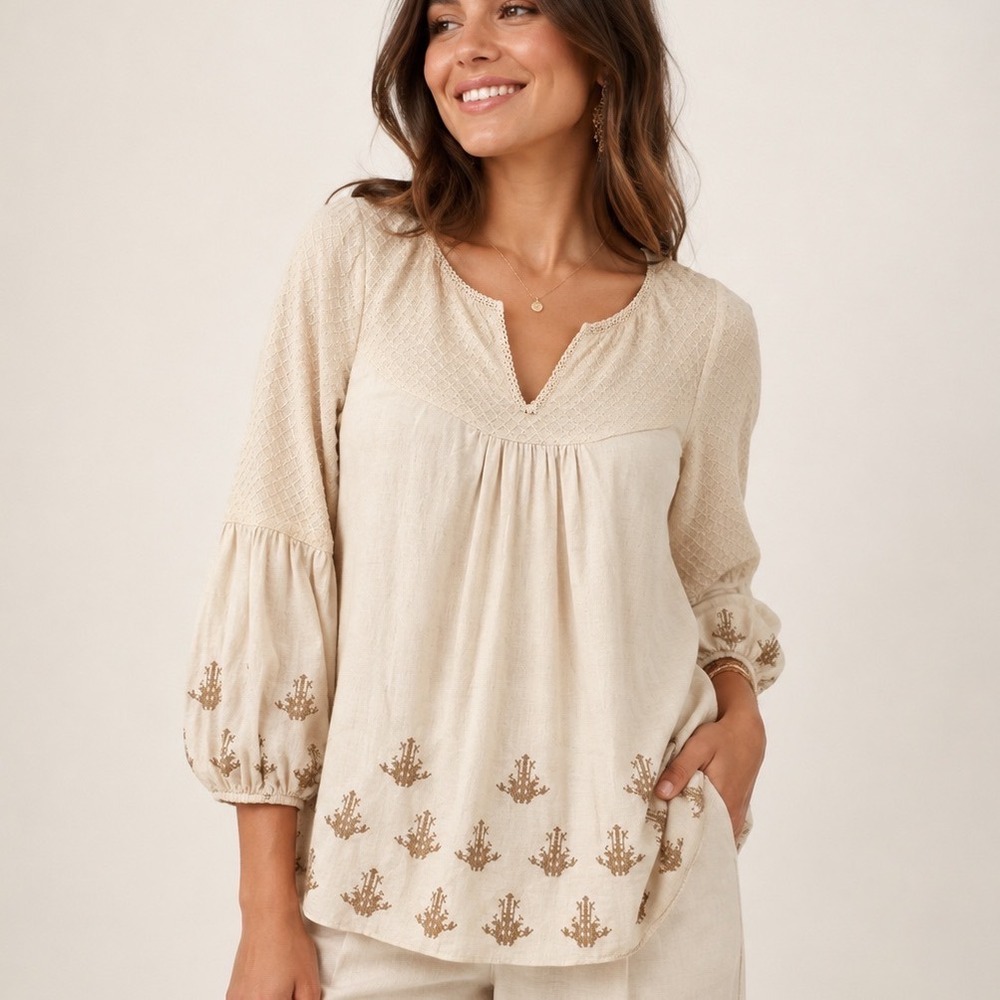 Anthropologie A'reve Womens V-Neck Peasant Blouse Medium Cream Embroidered Boho